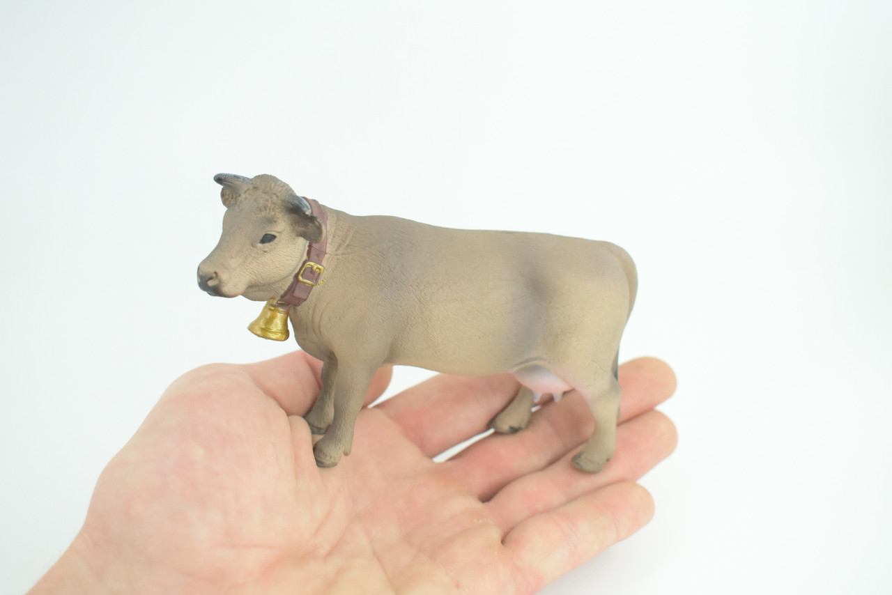 Brown Swiss Cow with Bell, Museum Quality, Educational, Hand Painted, Rubber Animal, Realistic, Diorama, Very Nice Design, Toy, Kids, Gift, 5 Inches. CH963 BB210