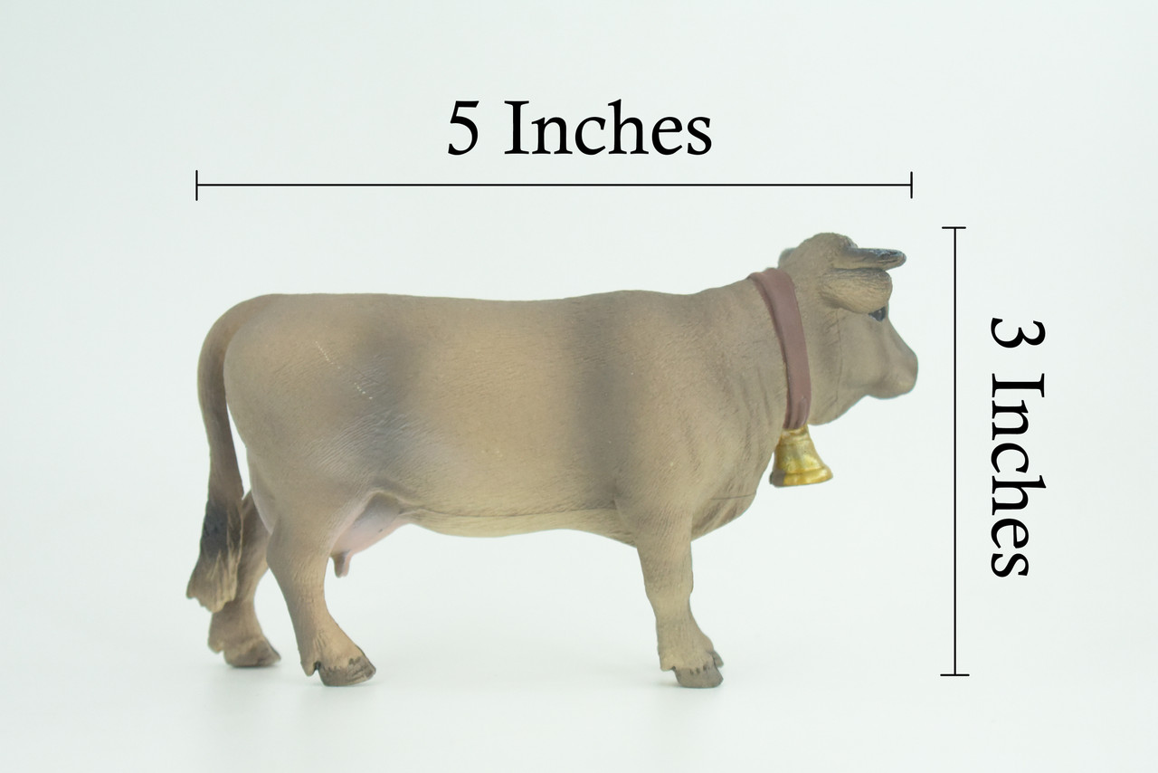 Brown Swiss Cow with Bell, Museum Quality, Educational, Hand Painted, Rubber Animal, Realistic, Diorama, Very Nice Design, Toy, Kids, Gift, 5 Inches. CH963 BB210
