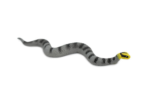 Snake Gray, Black Striped with Yellow Head, Rubber Reptile, Educational, Realistic Hand Painted, Figure, Lifelike Model, Figurine, Replica, Gift,     4"     F1098 B165