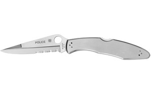 Spyderco Police  4.125" Folding Knife  Clip Point  Combo Edge  VG10/Satin  Stainless  Circle Thumb Hole/Pocket Clip C07PS
