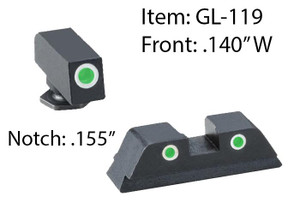 AmeriGlo GL119 Classic Tritium Sight Set for Glock  Green Tritium White Outline Front SightGreen Tritium White Outline Rear Sight - GL119