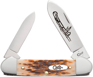 Case 00263 Canoe  2.601.97 Folding SpearPen Plain Mirror Polished Chrome Vanadium Steel BladePeach Seed Jigged Amber Bone Handle - 263
