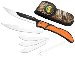 Outdoor Edge RBB20C RazorBone  6 Blades Folding 3.40 Gut Hook3.50 Drop Point5 Fillet SatinBlack Oxide 420J2 SS Blades Blaze Orange Textured Grivory wTPR Inserts Handle - RBB20C