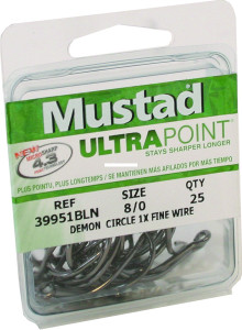 Mustad Demon Perfect Circle, In-Line 1X Fine Wire 8/0 25pk - Black Nickel