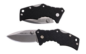 Cold Steel Micro Recon 1, Folding Knife, 2" Spear Point Blade, 4.375" Overall Length, 4034 Stainless Blade Steel, Plain Edge, Stonewash Finish, Silver, Black Griv-Ex Handle, Tri-Ad Lock CS-27DS