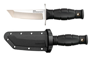 Cold Steel Mini Leatherneck, Fixed Blade Knife, 3.5" Tanto Blade, 6.75" Overall Length, 8Cr13MoV Blade Steel, Plain Edge, Satin Finish, Silver, Black Kraton Handle, Includes Secure-Ex Sheath CS-39LSAA