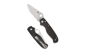 Spyderco ButtonUp Carbon Fiber, Folding Knife, 3.27" Clip Point Blade, 7.5" Overall Length, 8Cr13MoV Blade Steel, Combination Edge, Satin Finish, Silver Blade, Black Carbon Fiber Handle, Button Lock C275CFPS