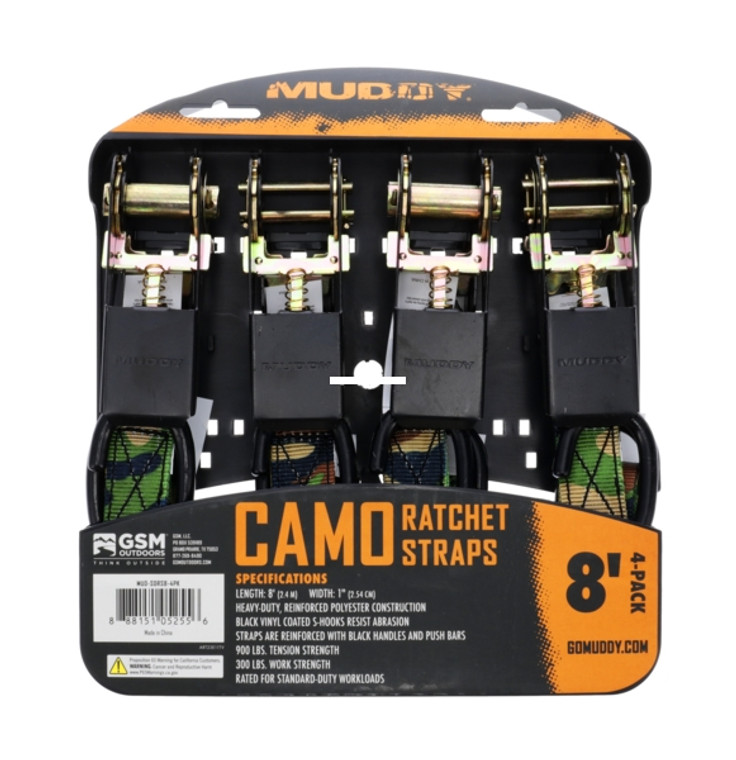 Muddy MUD-SDRS8-4PK 1" x 8' - Standard Duty Rachet Straps/Camo - MUD-SDRS8-4PK Muddy MUD-SDRS8-4PK 1" x 8' - Standard Duty Rachet Straps/Camo - MUD-SDRS8-4PK