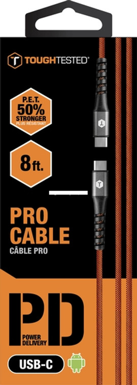 Tough-Tested TT-PC8-C2C 8' PRO - Armor Weave cable w/Slim tip: USB C - TT-PC8-C2C