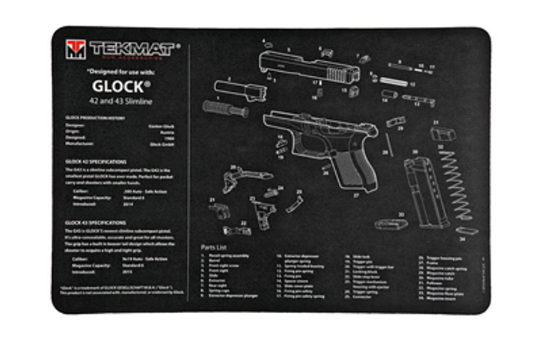 TekMat Pistol Mat For Glock 42/43  11"x17"  Black  Includes Small Microfiber TekTowel  Packed In Tube TEK-R17-GLOCK-42-43 TekMat Pistol Mat For Glock 42/43  11"x17"  Black  Includes Small Microfiber TekTowel  Packed In Tube TEK-R17-GLOCK-42-43