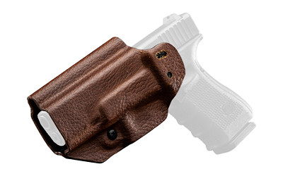 Mission First Tactical Hybrid Holster  Inside Waistband Holster  Ambidextrous  Fits Glock 19/23/45  Kydex with Leather Shell  Includes 1.5" Belt Attachment  Brown H3-GL-1-BR1