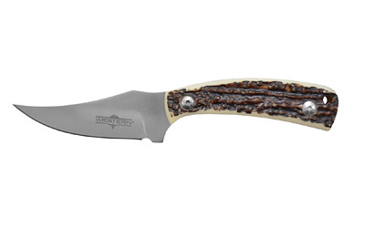 Camillus Western Crosstrail  Fixed Blade Knife  Plain Edge  Faux Stag Handle  Satin Finish  Silver Blade  3.25" Blade Length  7" Overall Length  420 Stainless Steel Blade  Includes Nylon Sheath CAM-19161