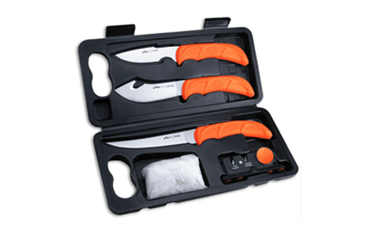 Outdoor Edge Wildlite Game Processing Kit  Fixed Blade Knife Set  Plain Edge  420J2 Stainless Steel  Orange Handle  Includes (1) Caper Knife  (1) Skinner Knife  (1) Boning Knife  and Knife Sharpener WL-6 Outdoor Edge Wildlite Game Processing Kit  Fixed Blade Knife Set  Plain Edge  420J2 Stainless Steel  Orange Handle  Includes (1) Caper Knife  (1) Skinner Knife  (1) Boning Knife  and Knife Sharpener WL-6