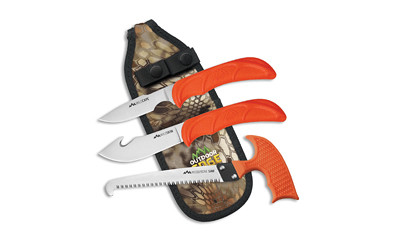 Outdoor Edge Wild Guide  Fixed Blade Knife Set  Plain Edge  420J2 Stainless Steel  Orange Handle  Includes (1) Caper Knife  (1) Skinner Knife  (1) Bone Saw  and Nylon Sheath WG-10C