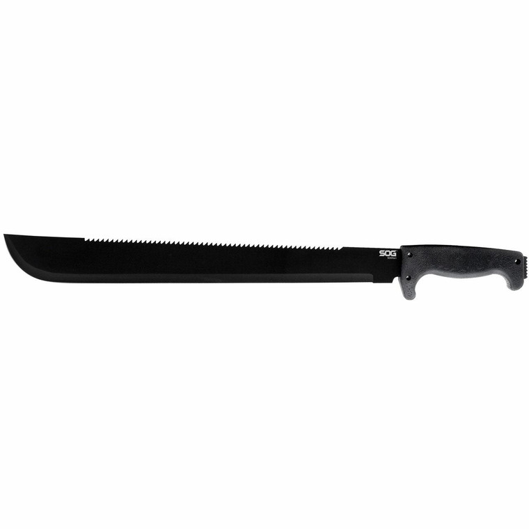 SOG Knives & Tools SOGfari Machete  18" Straight/Saw Back Edge  Black Kraton Handle  3Cr13 Steel  Powder Coat Finish  Black  Inlcudes Nylon Sheath SOG-MC02-N