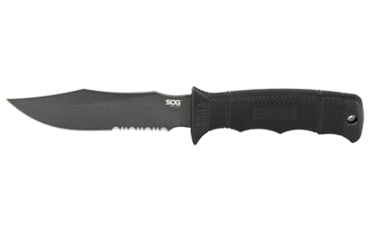 SOG Knives & Tools Seal Pup  Fixed Blade Knife  4.75" Partially Serrated  Clip Point  Black Glass Reinforced Nylon Handle  AUS-8 Steel  Hardcased Finish  Black  Includes Kydex Sheath SOG-M37K SOG Knives & Tools Seal Pup  Fixed Blade Knife  4.75" Partially Serrated  Clip Point  Black Glass Reinforced Nylon Handle  AUS-8 Steel  Hardcased Finish  Black  Includes Kydex Sheath SOG-M37K