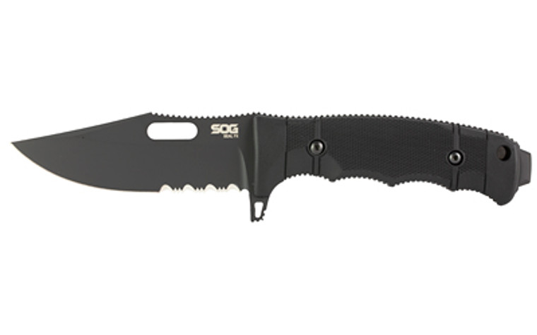 SOG Knives & Tools Seal FX  4.3" Fixed Blade Knife  Clip Point Partially Serrated Edge  Glass Reinforced Handle  CPM S35VN Steel  Cerakote Finish  Black  Includes Kydex Sheath SOG-17-21-01-57 SOG Knives & Tools Seal FX  4.3" Fixed Blade Knife  Clip Point Partially Serrated Edge  Glass Reinforced Handle  CPM S35VN Steel  Cerakote Finish  Black  Includes Kydex Sheath SOG-17-21-01-57