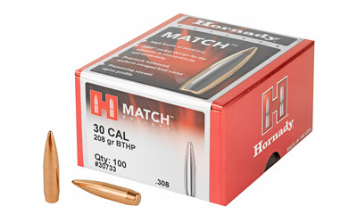 Hornady Match  .308 Diameter  30 Caliber  208 Grain  Boat Tail Hollow Point  100 Count 30733