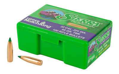 Sierra Bullets Tipped MatchKing  .224 Diameter  22 Caliber  69 Grain  Ballistic Tip  100 Count 7169