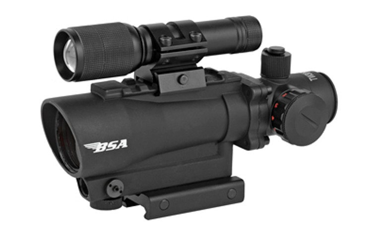BSA Optics Tactical Weapon Rifle Scope  1X30  Red Dot  Fully Multi Coated Optics  Fast Focus  4" Eye Relief  Red Dot Reticle 650 nm 3R Red Laser and 140 Lumen Flashlight  Black TW30RDLL BSA Optics Tactical Weapon Rifle Scope  1X30  Red Dot  Fully Multi Coated Optics  Fast Focus  4" Eye Relief  Red Dot Reticle 650 nm 3R Red Laser and 140 Lumen Flashlight  Black TW30RDLL
