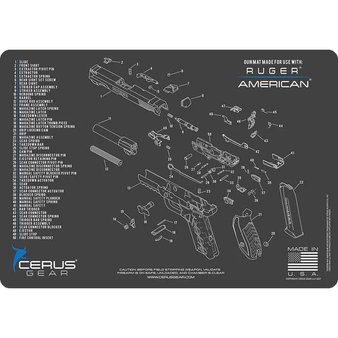 Cerus Gear Ruger American Handgun Schematic Cleaning Mat 12x17 Grey and Blue - HM-RUG-AMER-SCH-GRY