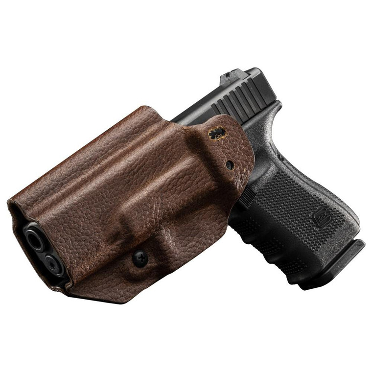 Mission First Tactical Leather Hybrid IWB/OWB Holster for Glock 19/23/44/45 Brown Ambi - H3-GL-1-BR1