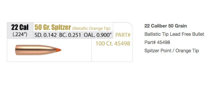 Nosler Ballistic Tip Lead Free Varmint Bullets .22 cal .224" 50 gr SBTFB-BTLF - 100/ct - 45498