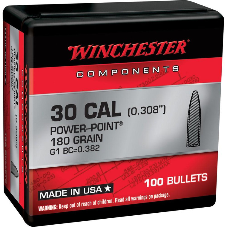 Winchester Rifle Bullets .30 Cal .308" 180 gr JFN 100/ct - WB308P180X