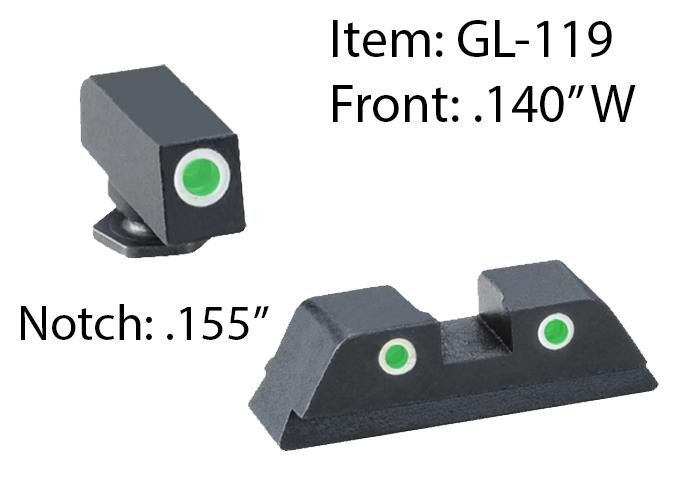 AmeriGlo GL119 Classic Tritium Sight Set for Glock  Green Tritium White Outline Front SightGreen Tritium White Outline Rear Sight - GL119