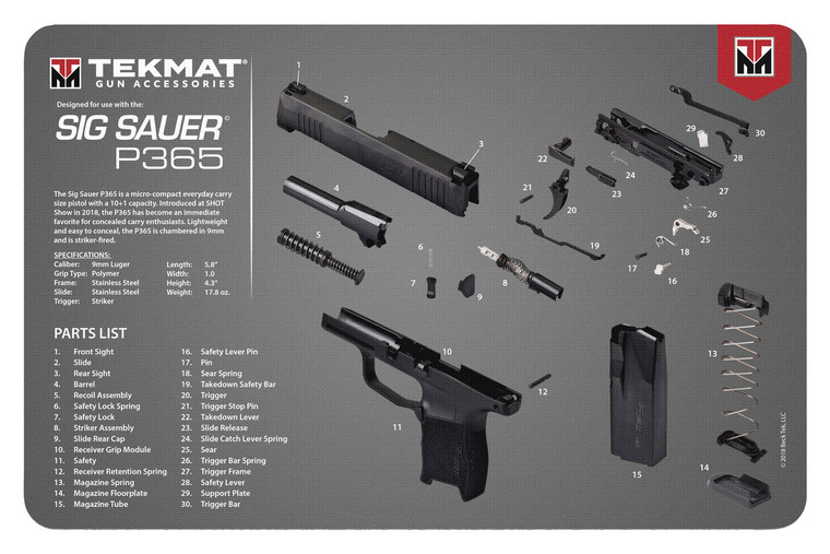 TekMat TEKR17SIG9365 Sig Sauer P365 Cleaning Mat Sig P365 Parts Diagram 11 x 17 - TEKR17SIG9365