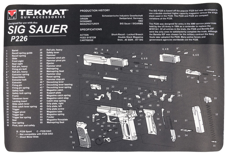 TekMat TEKR17SIGP226 Sig Sauer P226 Cleaning Mat Sig P226 Parts Diagram 11 x 17 - TEKR17SIGP226