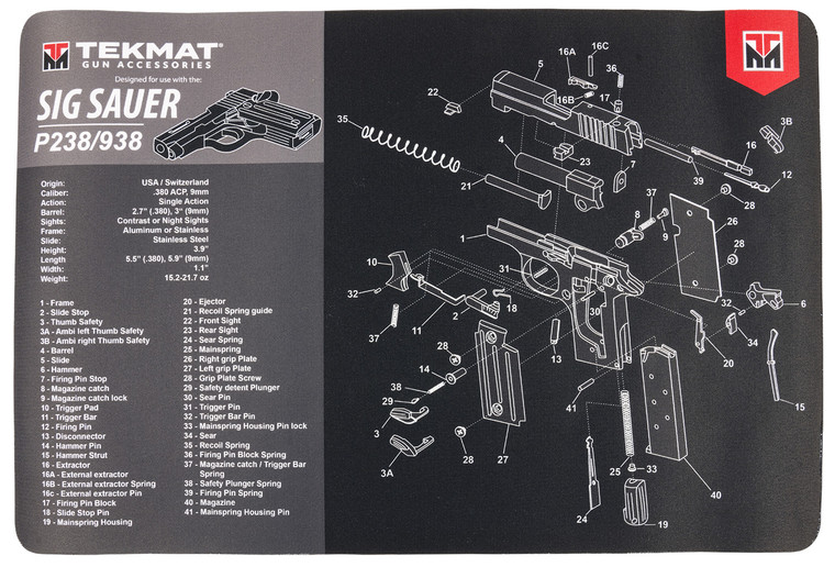 TekMat TEKR17SIGP238 Sig Sauer P238 Cleaning Mat Sig P238 Parts Diagram 11 x 17 - TEKR17SIGP238