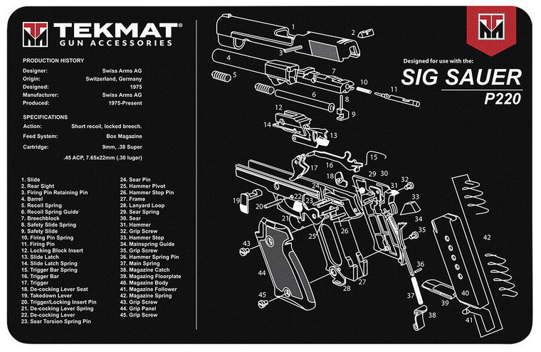 TekMat TEKR17SIGP220 Sig Sauer P220 Cleaning Mat 17x11 BlackWhite Thermoplastic Fiber Top wVulcanized Rubber Back Sig Sauer P220 Parts Diagram Illustration - TEKR17SIGP220