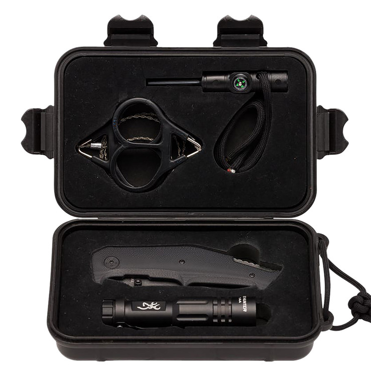 Browning 3220288 Outdoorsman Survival Kit 3.50 Folding Drop Point Plain Black Stonewashed 8Cr13MoV SS BladeBlack G10 Handle Includes Storage CaseFlashlightWire SawFire FlintCompassWhistle - 3220288