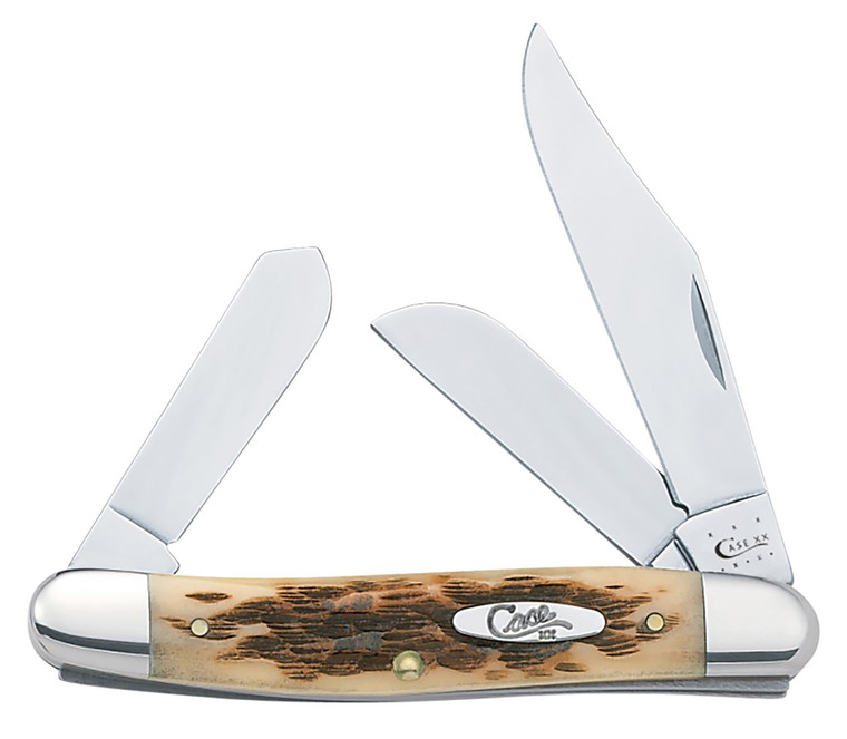 Case 00128 Stockman  Medium 2.922.151.90 Folding ClipSheepsfootSpey Plain Mirror Polished TruSharp SS BladePeach Seed Jigged Amber Bone Handle - 128