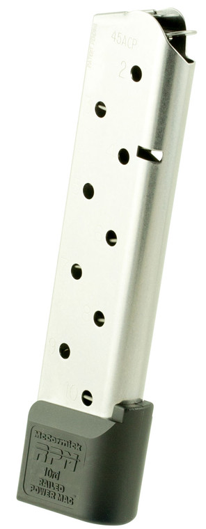 CMC Products 17150 Power Mag Railed 10rd 45 ACP Fits 1911 Government Stainless Steel w Black Base Pad - 17150