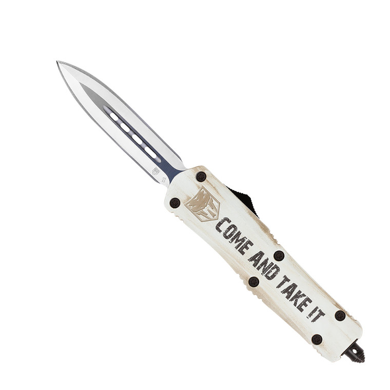 CobraTec Knives MCATIFS3DAGNS FS3 Come And Take It Medium 3 OTF Dagger Plain D2 Steel Blade White wCome And Take It Aluminum Cerakoted Handle Features Glass Breaker Includes Pocket Clip - MCATIFS3DAGNS