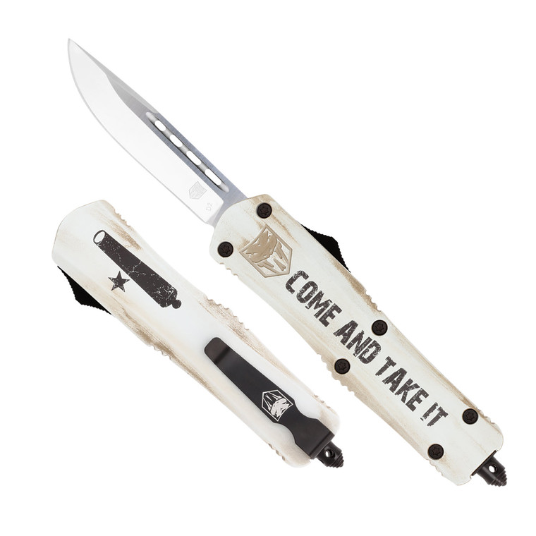 CobraTec Knives MCATIFS3DNS FS3 Come And Take It 3 OTF Drop Point Plain 154CM SS Blade White wCome And Take It Aluminum Cerakoted Handle Features Glass Breaker Includes Pocket Clip - MCATIFS3DNS