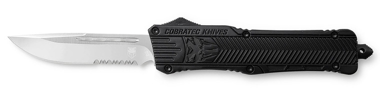CobraTec Knives LBCTK1LDS CTK1  Large 3.75 OTF Drop Point Part Serrated D2 Steel Blade Black Aluminum Handle Features Glass Breaker Includes Pocket Clip - LBCTK1LDS