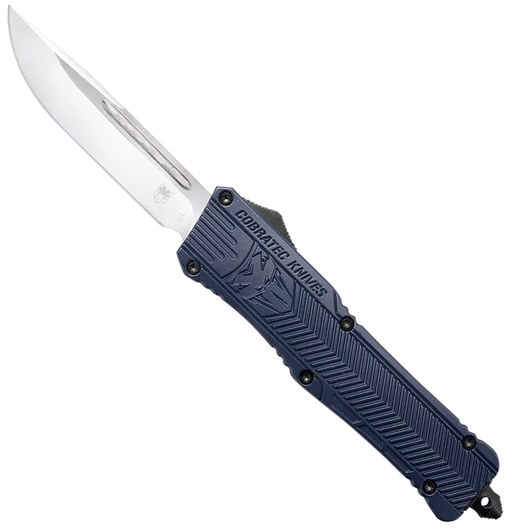 CobraTec Knives LNYCCTK1LDNS CTK1  Large 3.75 OTF Drop Point Plain D2 Steel BladeNYPD Blue Aluminum Handle Features Glass Breaker Includes Pocket Clip - LNYCCTK1LDNS