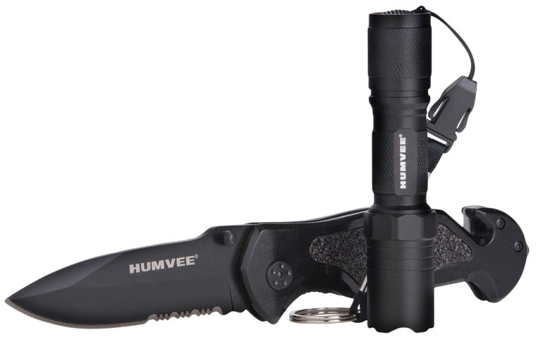 Humvee Adventure Gear HMVKCER1 Rescue Combo 3.25 Folding Spear Point Part Serrated Stainless Steel Blade Black Aluminum Handle Features Glass BreakerPocket ClipSeatbelt Cutter - HMVKCER1
