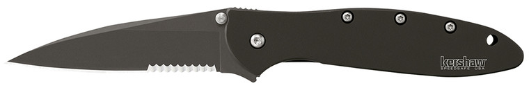 Kershaw 1660CKTST Leek  3 Folding Modified Drop Point Part Serrated Black DLC 14C28N Steel Blade Black DLC 410 Stainless Steel Handle Includes Pocket Clip - 1660CKTST