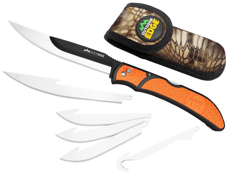 Outdoor Edge RBB20C RazorBone  6 Blades Folding 3.40 Gut Hook3.50 Drop Point5 Fillet SatinBlack Oxide 420J2 SS Blades Blaze Orange Textured Grivory wTPR Inserts Handle - RBB20C
