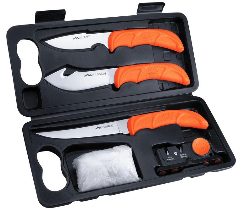 Outdoor Edge WL6 WildLite Game Processor Kit Fixed BoningCaperSkinner Plain 420J2 SS Blades Blaze Orange Textured TPR Handles 5 Pieces Includes Carry Case - WL6