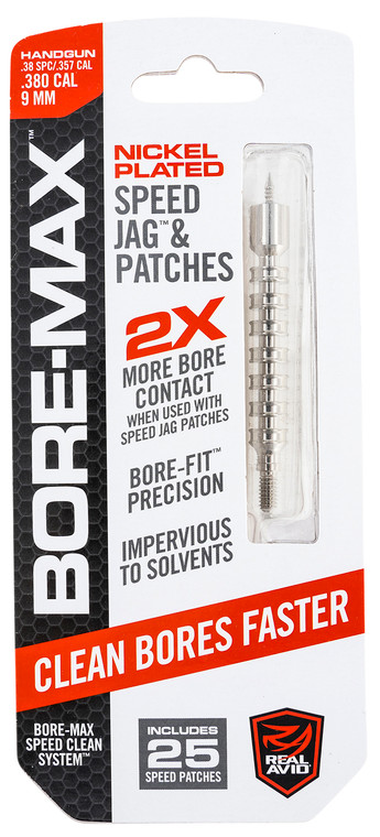 Real Avid AVBMJAG9MM BoreMax Speed Jag 9mm380 Cal Pistol Firearm NickelPlated Includes 25 Speed Patches - AVBMJAG9MM