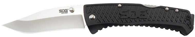 S.O.G SOGTD1011C Traction  3.50 Folding Clip Point Plain Satin 5Cr13MoV SS Blade Black Textured GRN Handle Includes Pocket Clip - SOGTD1011CP