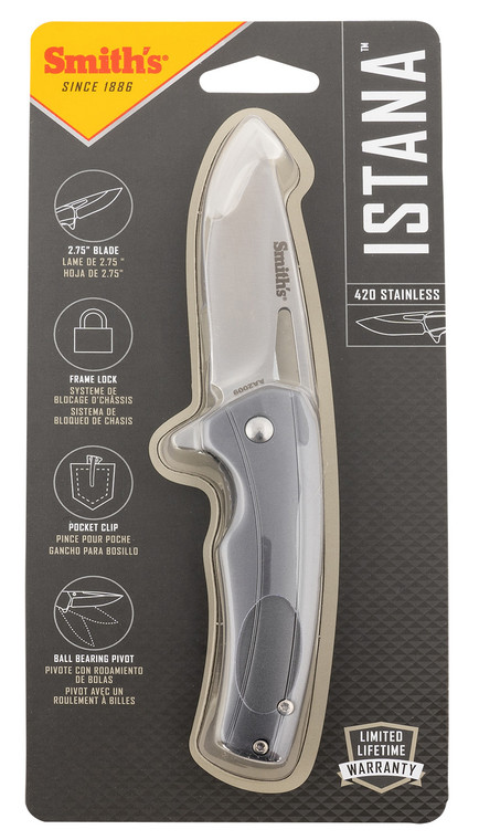 Smiths Products 51246 Istana  2.75 Folding Drop Point Plain Satin 400 SS BladeGray Anodized Aluminum Handle Includes Pocket Clip - 51246