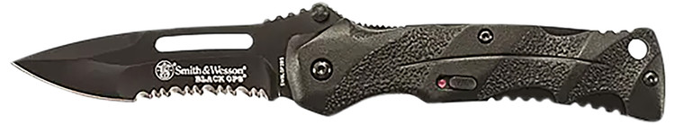 Smith  Wesson Knives SWBLOP2BSCP Black Ops  3.40 Folding Drop Point Part Serrated 4034 SS Blade Black Includes Pocket Clip - SWBLOP2BSCP