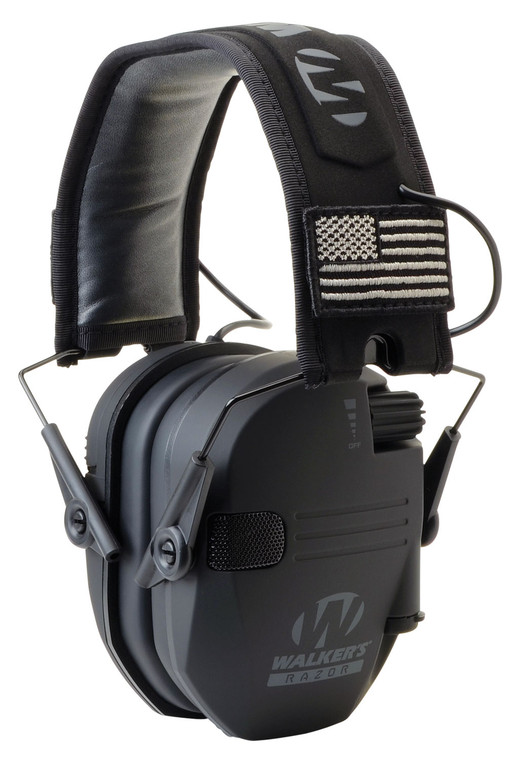 Walkers GWPRSEMPAT Razor Patriot Slim Electronic Muff 23 dB Over the Head Black wFlag Patch Polymer - GWPRSEMPAT