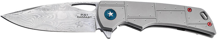 Boker 01bo910dam P51 Damast 3.35 Drop Point Plain Silver Acid Etch Damascus Blade Titanium Handle - 01BO910DAM